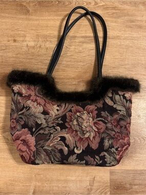 Vintage Y2K Tapestry Faux Fur Trim Shoulder Bag Whimsigoth Tote